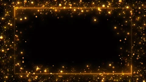 Golden bokeh rectangle frame background glowing particles, bright border lines, Stock Footage 340415478