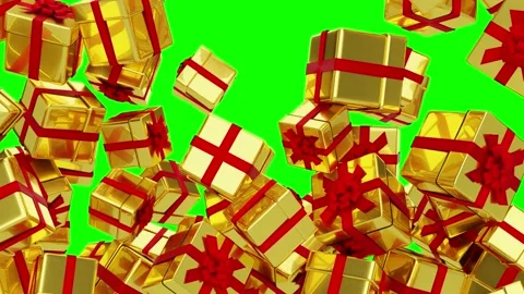 Golden boxes with gifts are falling on a green background. Video stock 140940448