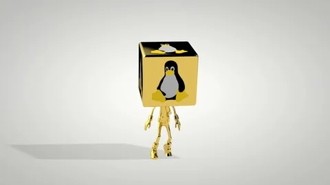 Golden boy with OS Linux icon head dancing, seamless loop, Luma Matte attach Stock Footage 123208606