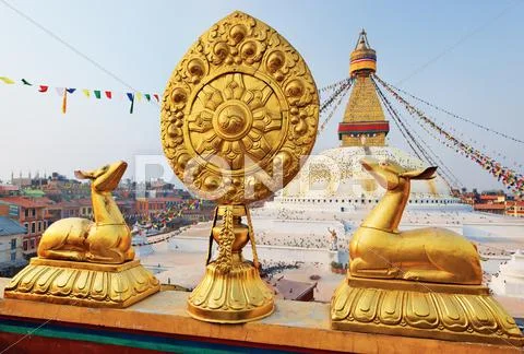 Golden brahma symbol in front of boudha nath (bodhnath) stupa in kathmandu, n Stock Photos