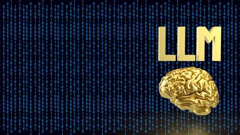 Golden Brain With LLM Digital Code 3d render. Illustrazione stock