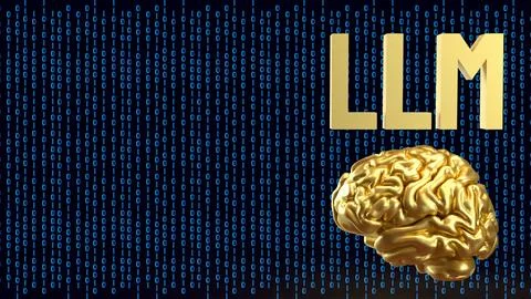 Golden Brain With LLM Digital Code 3d render. Stock Illustration