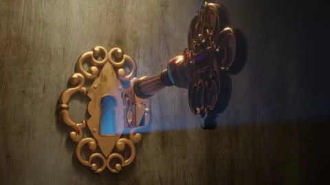 A golden brass key unlocks the old door lock with green screen Stock Footage 246582389