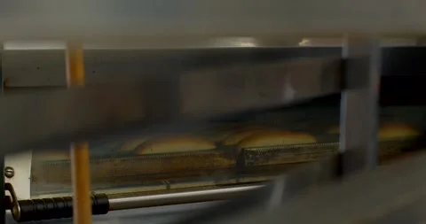 Golden bread loaves moving along conveyor inside commercial oven with visible Stock Footage 344596712