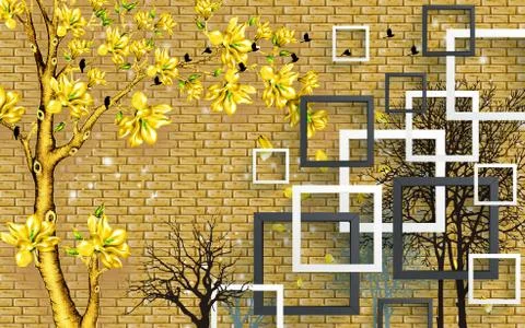 Golden brick wall, square frames, contours of trees, golden tree with flowers Stock Illustration