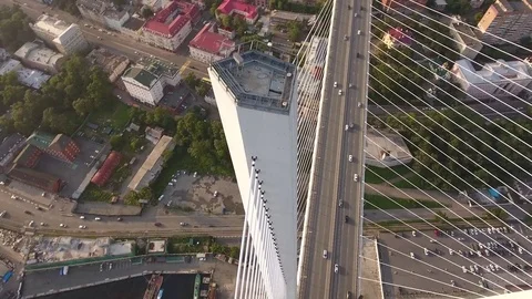 Golden Bridge cable-stayed pillar APEC summit Vladivostok city Aerial drone 4k Stock Footage 75740873