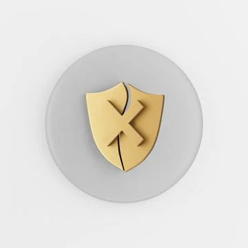 Golden broken shield icon. 3d rendering gray round key button, interface ui u Stock Illustration