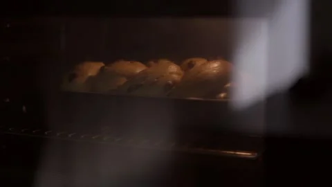 Golden brown bread rolls baking in oven Video stock 345879298