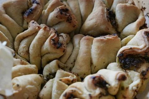 Golden Brown Herb Baked Pull Apart Bread Loaf Overhead Shot Delicious Homem.. Stock Photos