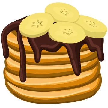 Golden brown pancakes stack topped with rich, melted chocolate and banana sli Stock Illustration