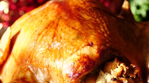 Golden brown turkey cooked ready to serve for thanksgiving close up Stock Footage 150345270