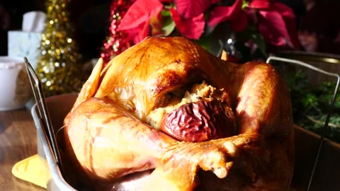 Golden brown turkey cooked ready to serve for Christmas or thanksgiving close Stock Footage 150345282