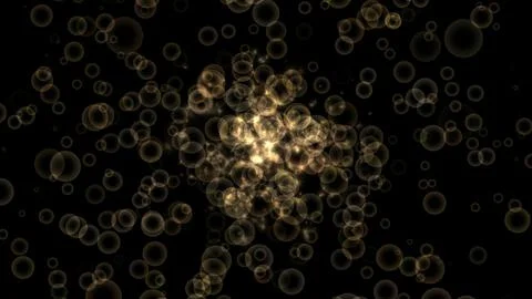 Golden bubbles drift through dark space, glowing softly Stockillustratie
