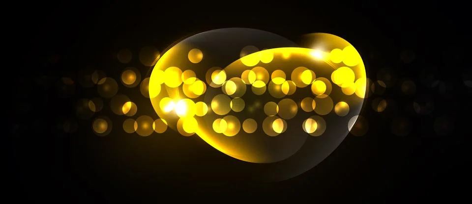 Golden bubbles float against dark background. Bright particles create glowing Stock Illustration