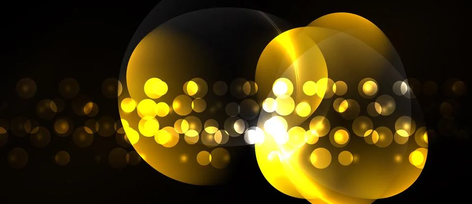 Golden bubbles float against dark background. Bright light creates sparkling Illustrazione stock