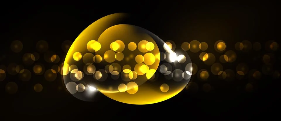 Golden bubbles float against dark background. Light creates abstract, glowing Stock Illustration