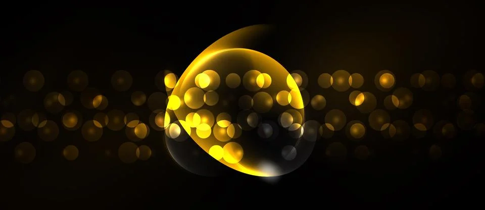 Golden bubbles float against dark backdrop. Bright light creates glowing ef.. Stock Illustration