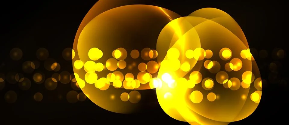 Golden bubbles, lights float against black background. Abstract design evokes Stock Illustration