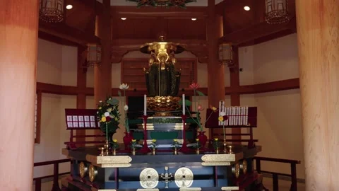Golden Buddha Statue on Altar Inside Traditional Buddhist Temple Interior Tokyo Stock Footage 335437050
