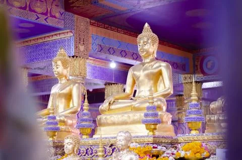 Golden Buddha statue in church at Wat Bang Chak in Nonthaburi Province Stock Photos