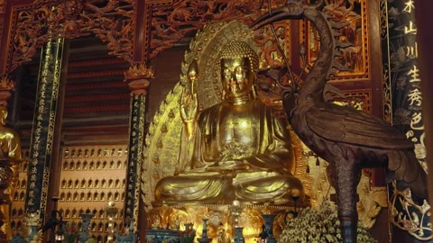 Golden Buddha Statue Inside Ba Dinh Pagoda Complex, Vietnam Stock-Footage 329782786