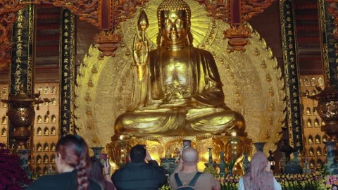 Golden Buddha Statue Inside Ba Dinh Pagoda Complex, Vietnam Stock Footage 329783634