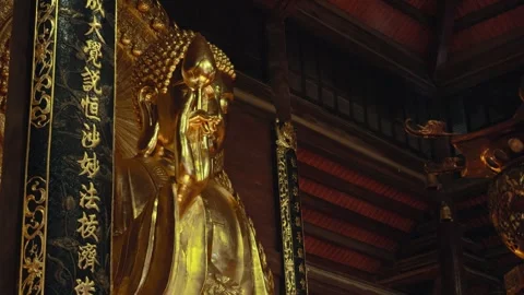 Golden Buddha Statue Inside Ba Dinh Pagoda Complex, Vietnam Stock Footage 329789485