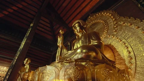 Golden Buddha Statue Inside Ba Dinh Pagoda Complex, Vietnam Stock Footage 329789661