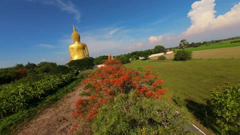 Golden Buddha Statue Overlooking Lush Thai Countryside Stockbeeldmateriaal 336901931