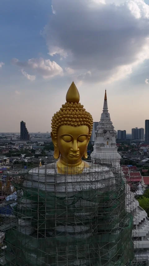 Golden Buddha Statue Under Construction in Bangkok, Thailand Stock Footage 335942573