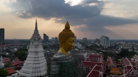 Golden Buddha Statue Under Construction at Wat Paknam Temple in Bangkok, Stock Footage 335943025