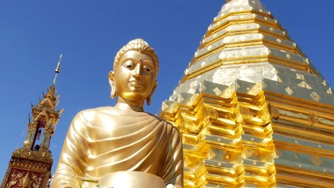 Golden Buddha statue in Wat Phra That Doi Suthep Temple, Chiang Mai, Thailand Stock Footage 74684067