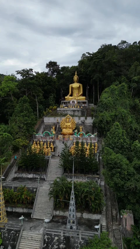 Golden Buddha Statues Complex on Green Hillside in Ao Nang, Krabi, Thailand Stock Footage 335255612