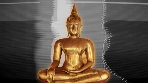 Golden buddha statues with glitch in the background Stock Footage 313291997