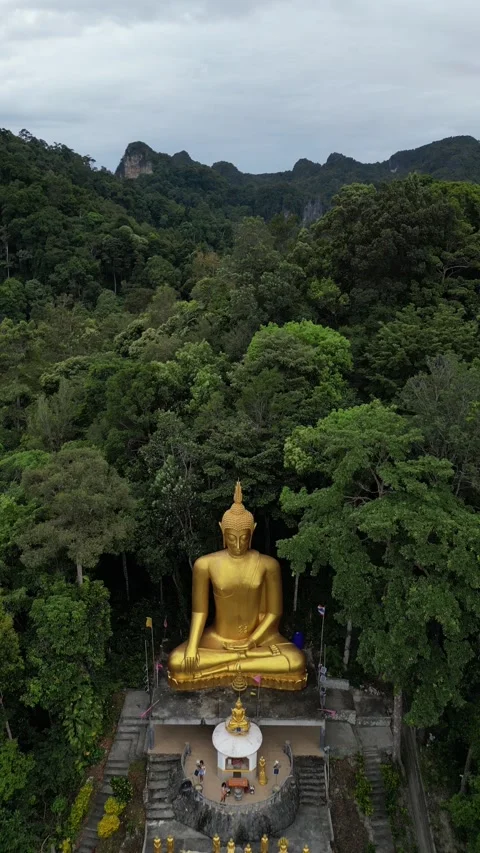 Golden Buddha Temple Complex in a Lush Jungle in Krabi, Ao Nang, Thailand Vídeos de archivo 335255671