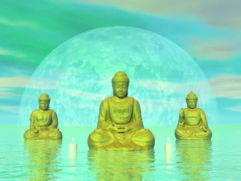 Golden buddhas - 3D render Stock Illustration