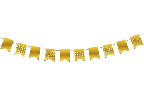 Golden bunting flags with geometric patterns on white background Stock Illustration