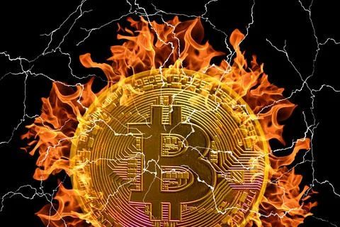 Golden burning single bitcoin from crypto currency with many lightnings and f Stock Illustration