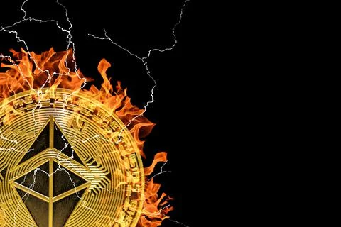 Golden burning single ether from ethereum crypto currency with many lightning Stock Illustration