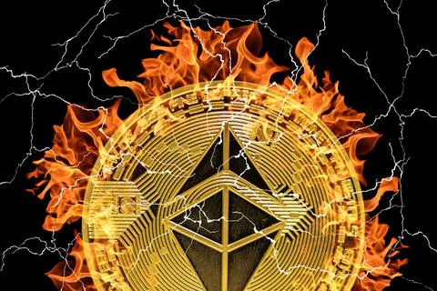 Golden burning single ether from ethereum crypto currency with many lightning Stock Illustration