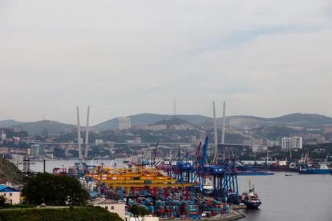 Golden cable-stayed bridge road car traffic from above 스톡 사진