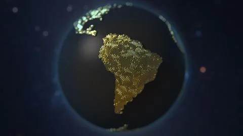 Golden cables form map of South America, telecommunication concept. 3d rendering Stock Illustration