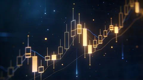 Golden candlestick chart with trend lines on dark financial background Stock Illustration