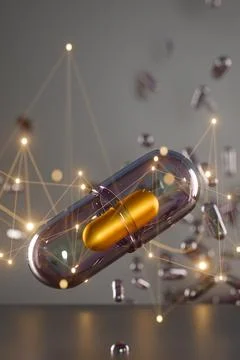 Golden capsule surrounded by floating pills Illustrazione stock