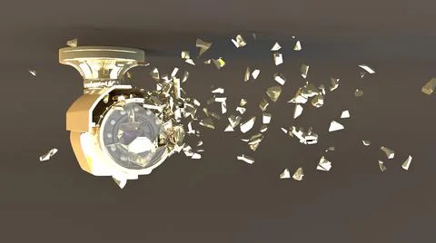 Golden cctv camera on gray background falling into small parts Stock Illustration