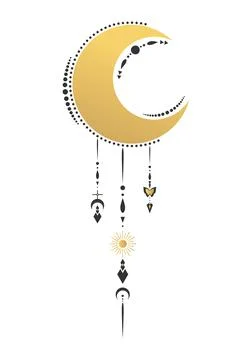 Golden celestial emblem with crescent moon with decorative pendants Stock Illustration