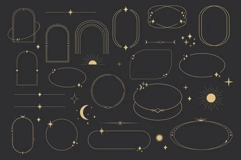 Golden celestial frame, border, arch line art esoteric minimal decoration with Stock Illustration