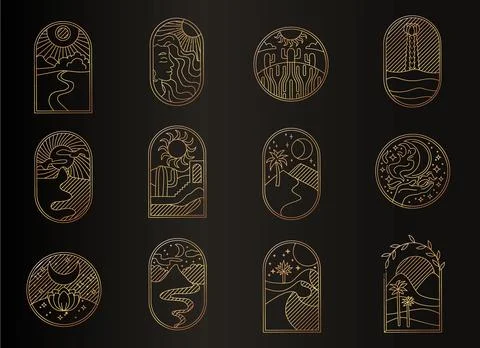 Golden Celestial Icons Elegant Vector Graphics Illustrazione stock