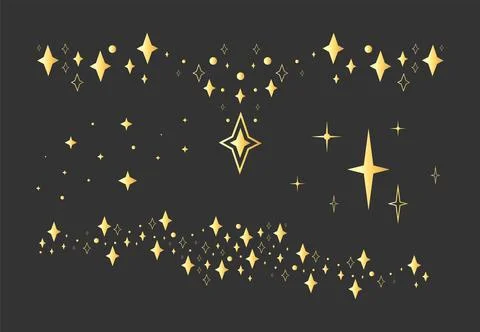 Golden celestial star decorative borders dividers on dark background Illustrazione stock