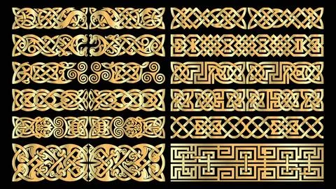 Golden celtic knot patterns and border frames set. Stock Illustration